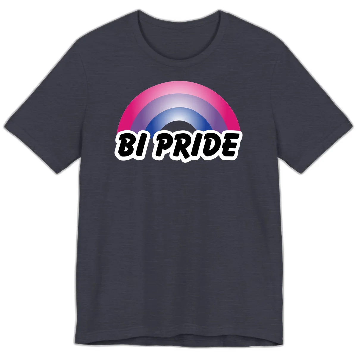 Bi pride rainbow gradient arc with concentric circles in pink, purple, and blue colors, with bold 'BI PRIDE' text below in Heather Midnight Navy