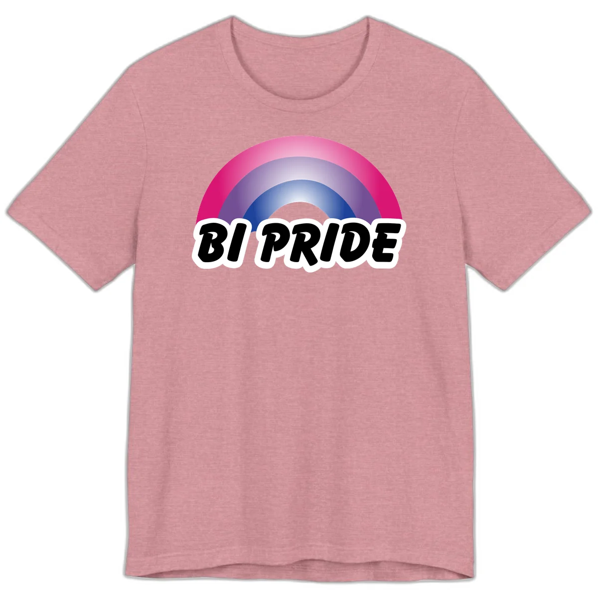 Bi pride rainbow gradient arc with concentric circles in pink, purple, and blue colors, with bold 'BI PRIDE' text below in Heather Orchid
