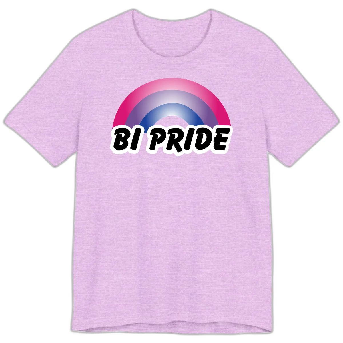 Bi pride rainbow gradient arc with concentric circles in pink, purple, and blue colors, with bold 'BI PRIDE' text below in Heather Prism Lilac