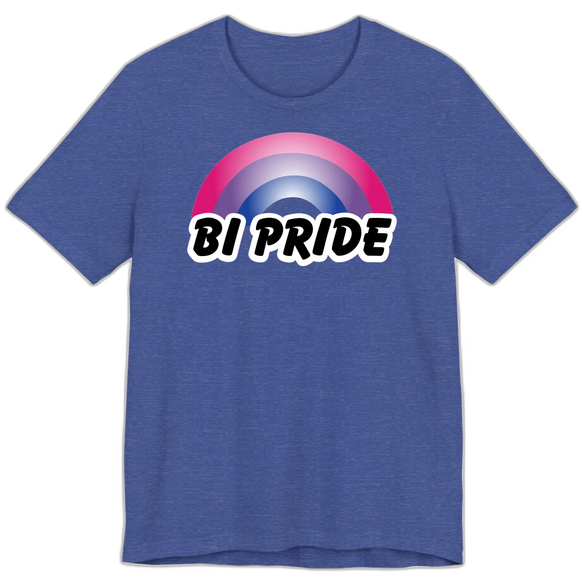 Bi pride rainbow gradient arc with concentric circles in pink, purple, and blue colors, with bold 'BI PRIDE' text below in Heather True Royal