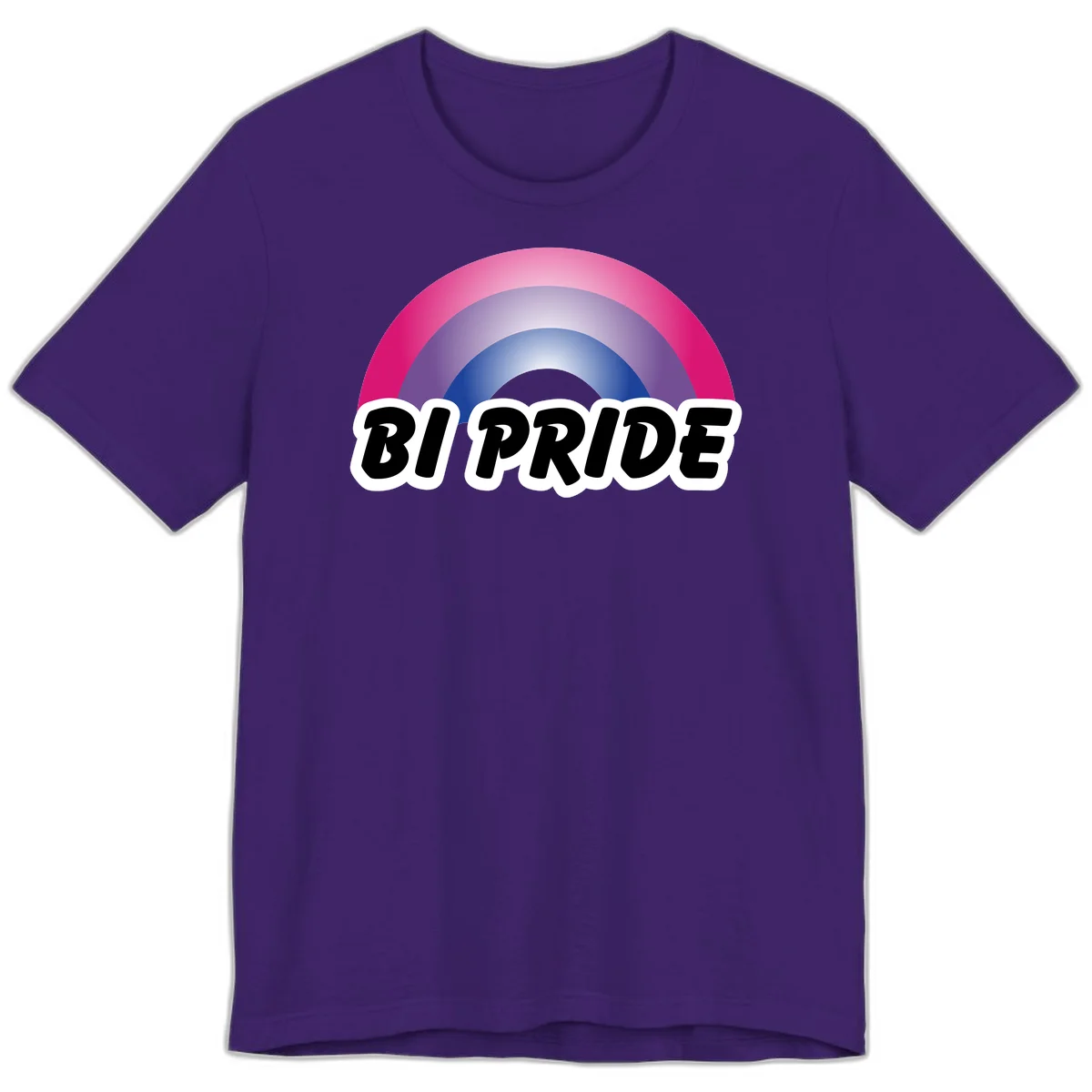 Bi pride rainbow gradient arc with concentric circles in pink, purple, and blue colors, with bold 'BI PRIDE' text below in Team Purple