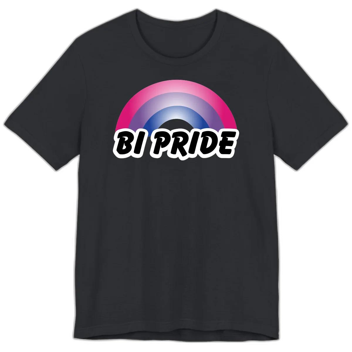 Bi pride rainbow gradient arc with concentric circles in pink, purple, and blue colors, with bold 'BI PRIDE' text below in Vintage Black