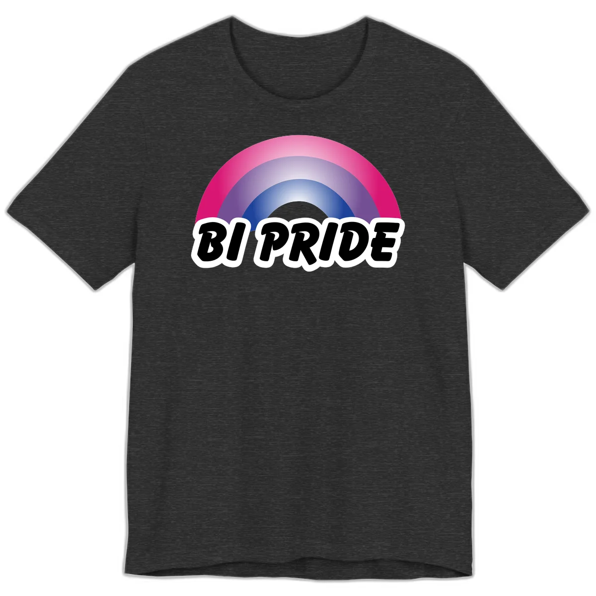 Bi pride rainbow gradient arc with concentric circles in pink, purple, and blue colors, with bold 'BI PRIDE' text below in Dark Grey Heather