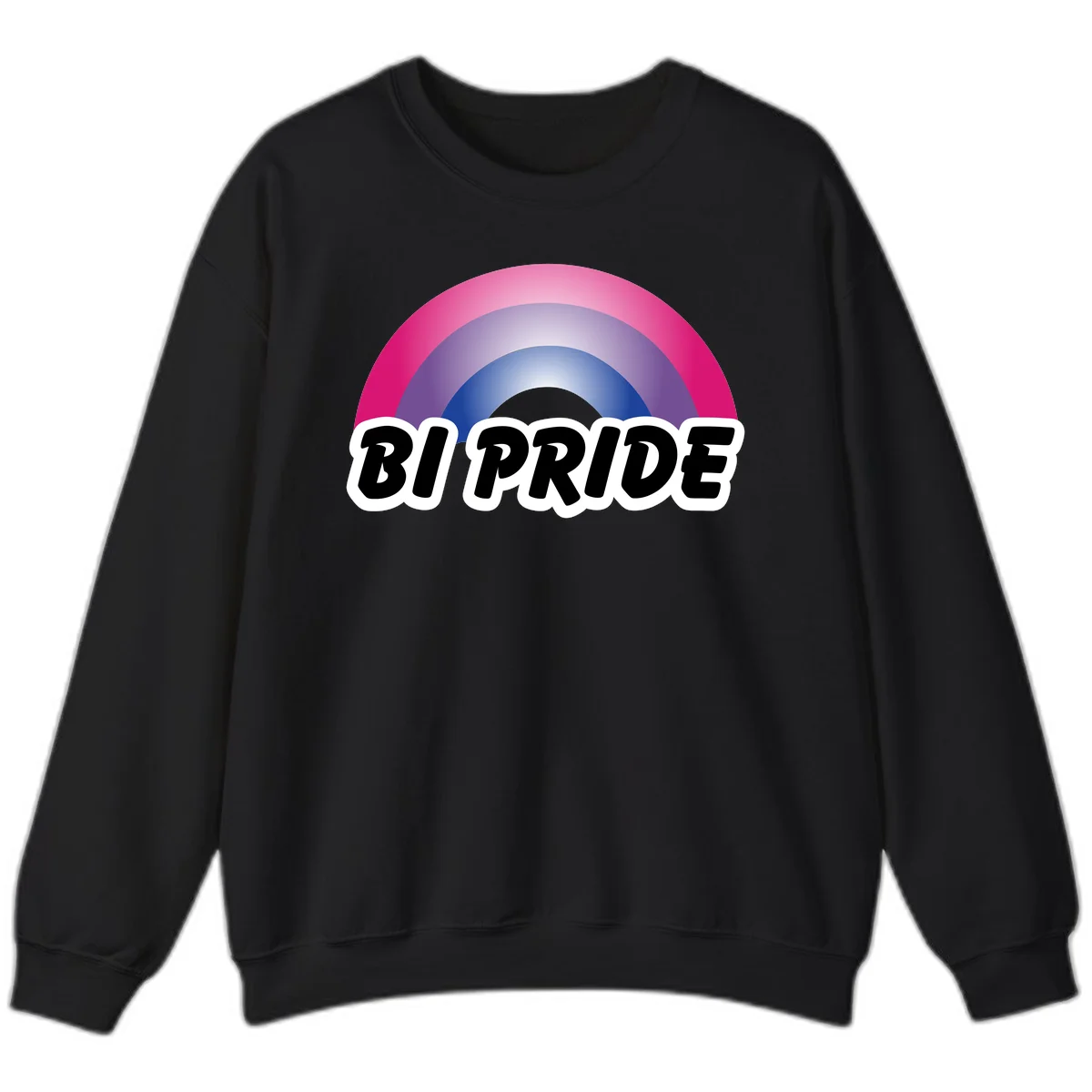 Bi pride rainbow gradient arc with concentric circles in pink, purple, and blue colors, with bold 'BI PRIDE' text below in Black