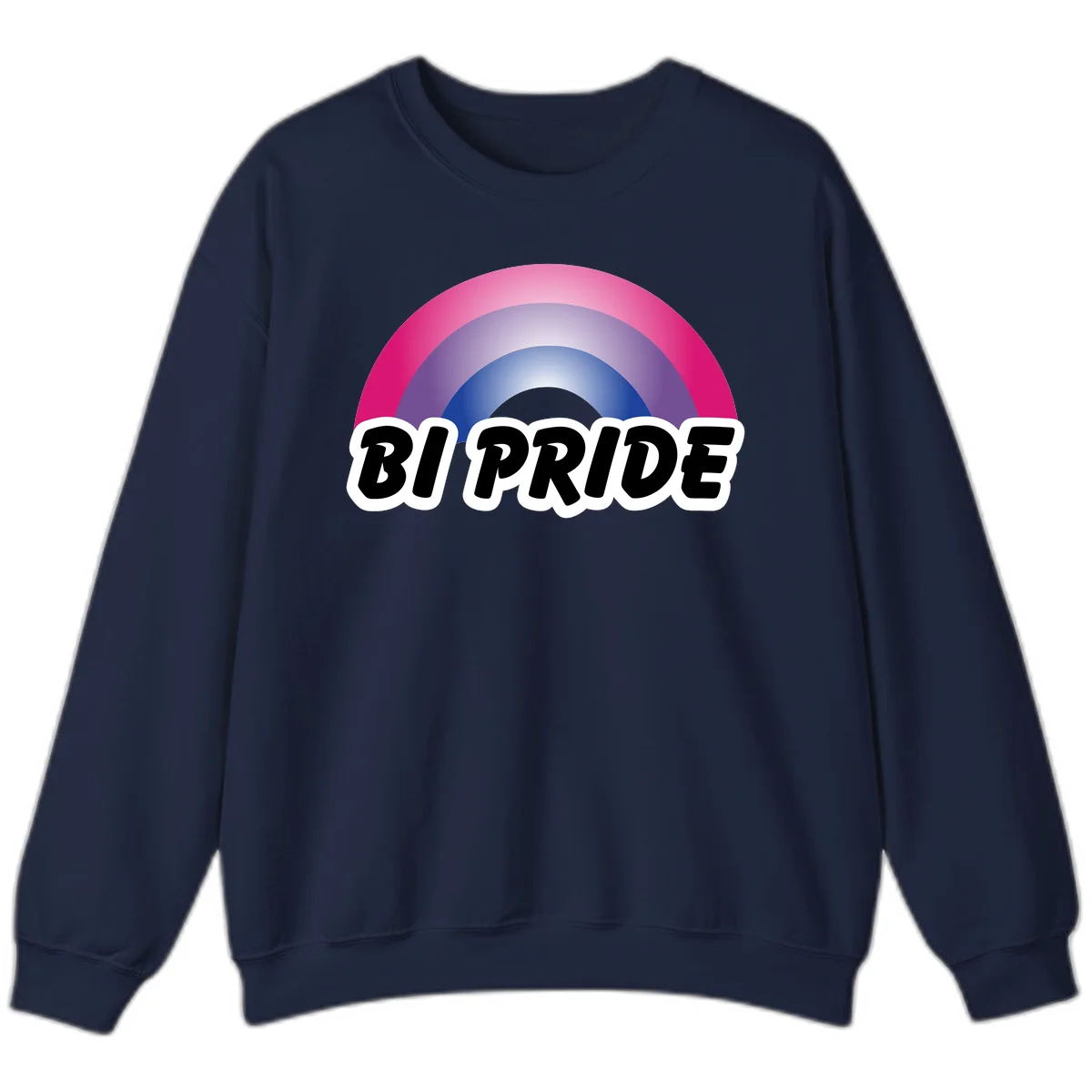 Bi pride rainbow gradient arc with concentric circles in pink, purple, and blue colors, with bold 'BI PRIDE' text below in Navy