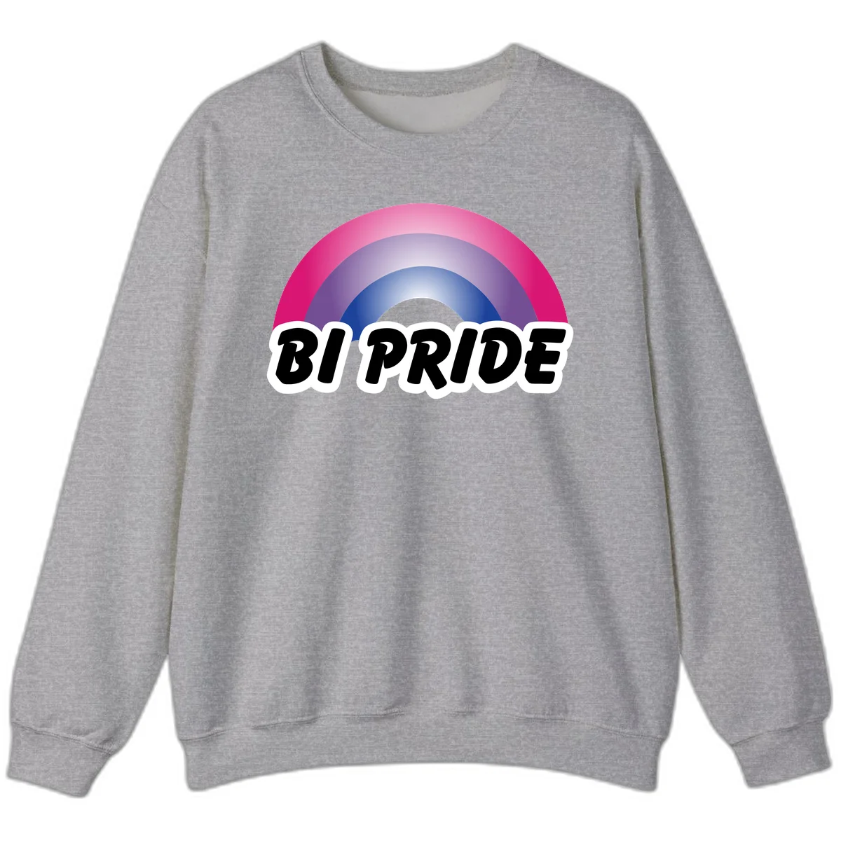 Bi pride rainbow gradient arc with concentric circles in pink, purple, and blue colors, with bold 'BI PRIDE' text below in Sport Grey