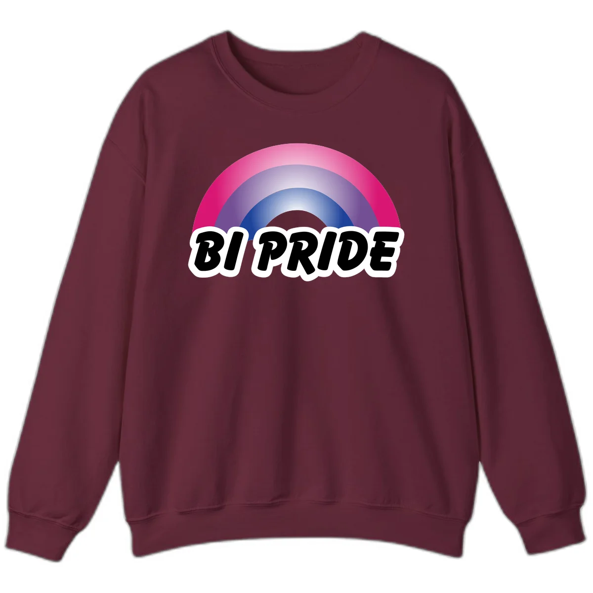 Bi pride rainbow gradient arc with concentric circles in pink, purple, and blue colors, with bold 'BI PRIDE' text below in Maroon