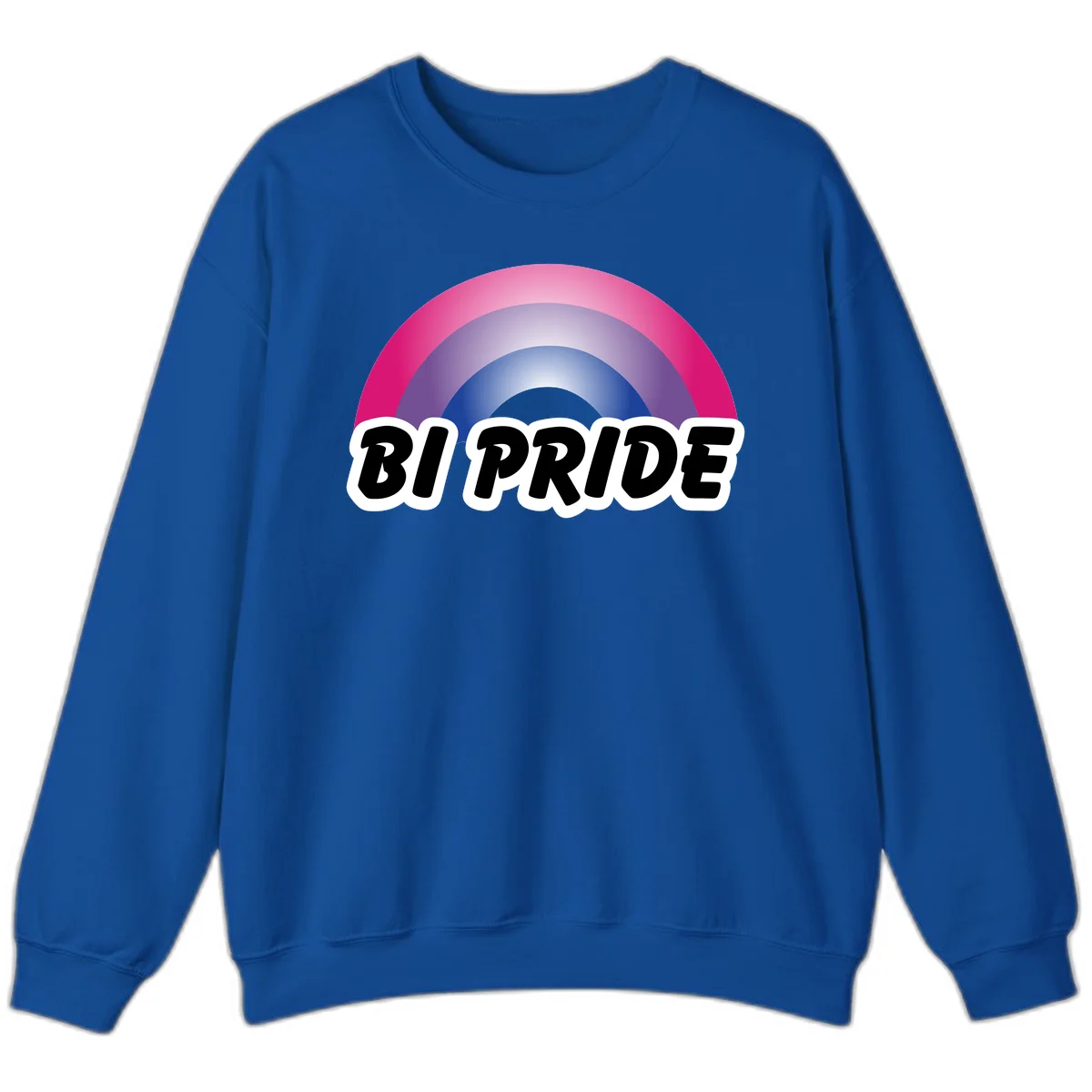 Bi pride rainbow gradient arc with concentric circles in pink, purple, and blue colors, with bold 'BI PRIDE' text below in Royal