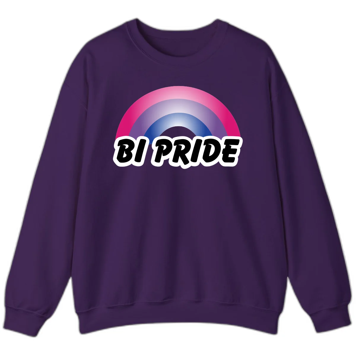 Bi pride rainbow gradient arc with concentric circles in pink, purple, and blue colors, with bold 'BI PRIDE' text below in Purple