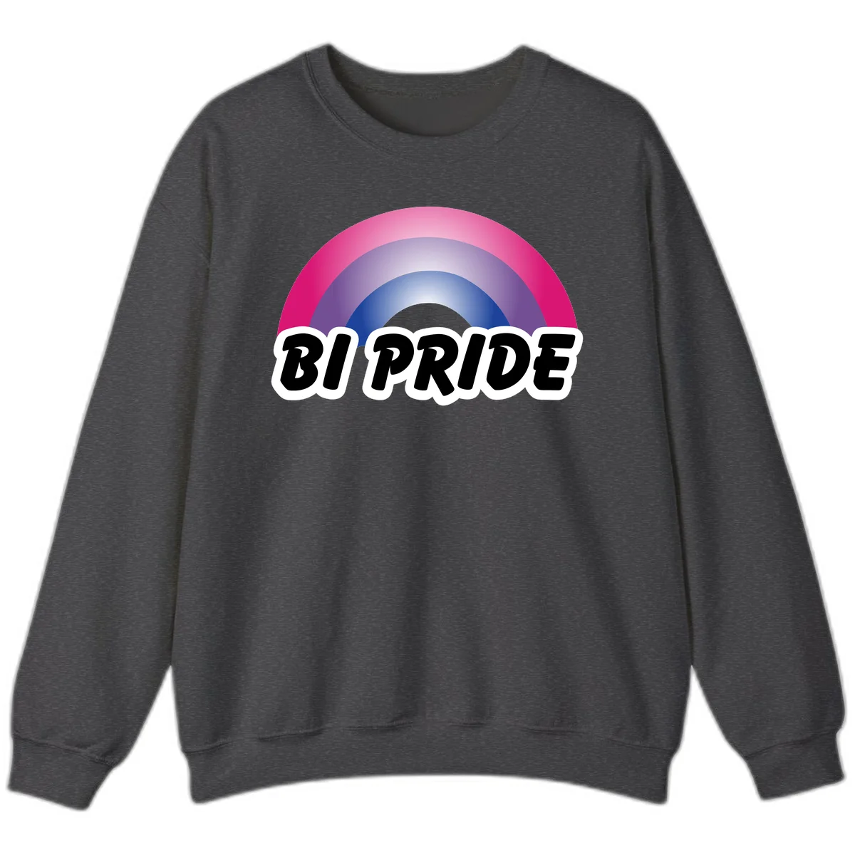 Bi pride rainbow gradient arc with concentric circles in pink, purple, and blue colors, with bold 'BI PRIDE' text below in Dark Heather
