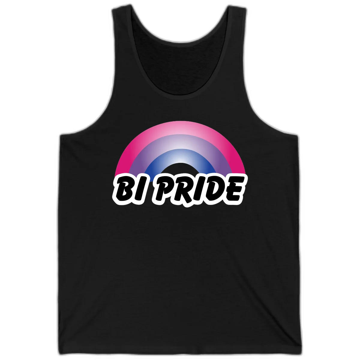 Bi pride rainbow gradient arc with concentric circles in pink, purple, and blue colors, with bold 'BI PRIDE' text below in Black
