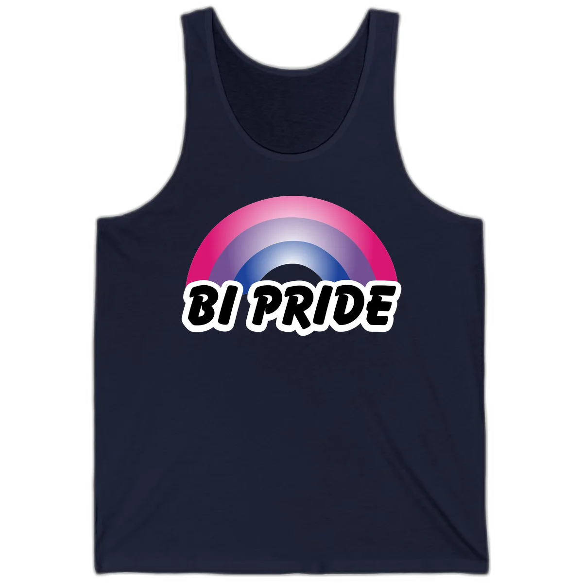 Bi pride rainbow gradient arc with concentric circles in pink, purple, and blue colors, with bold 'BI PRIDE' text below in Navy