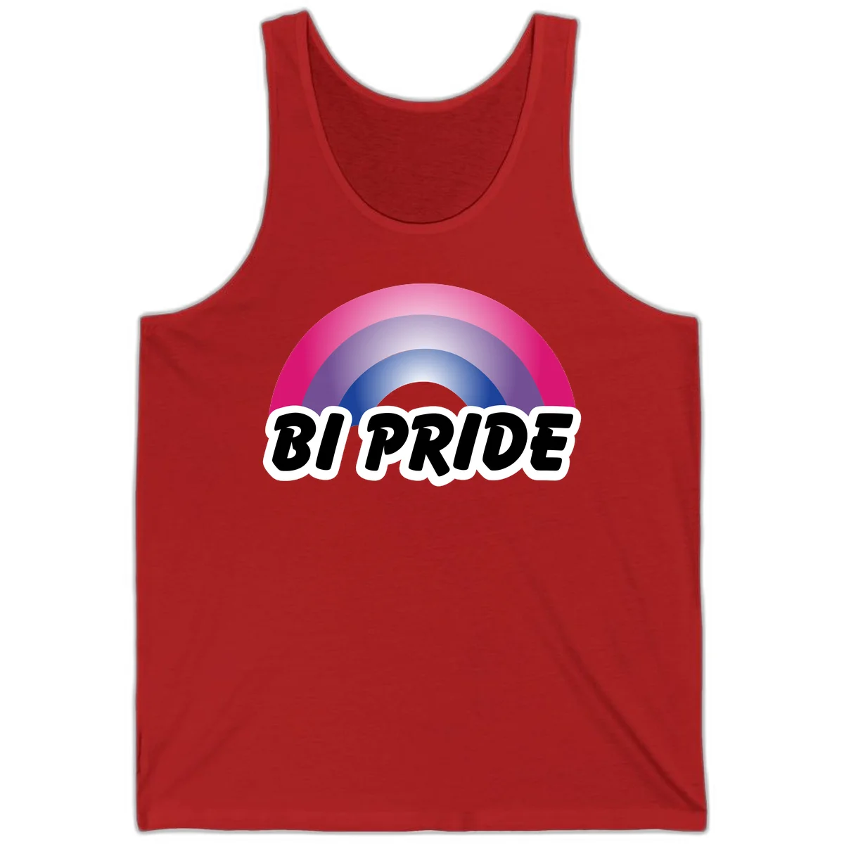 Bi pride rainbow gradient arc with concentric circles in pink, purple, and blue colors, with bold 'BI PRIDE' text below in Red