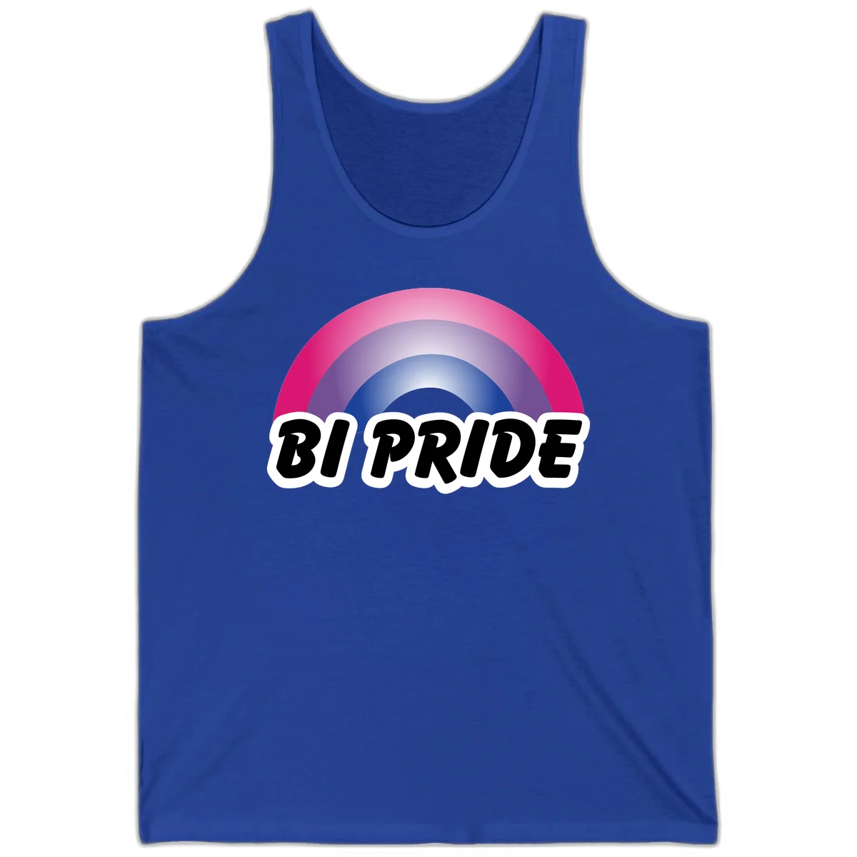 Bi pride rainbow gradient arc with concentric circles in pink, purple, and blue colors, with bold 'BI PRIDE' text below in True Royal