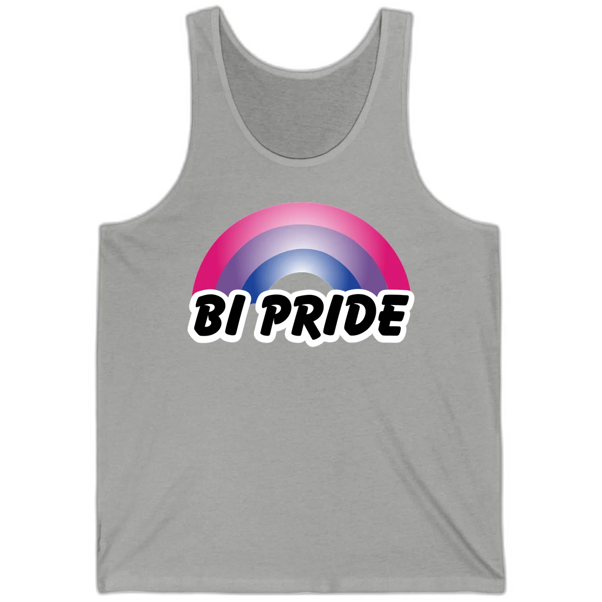Bi pride rainbow gradient arc with concentric circles in pink, purple, and blue colors, with bold 'BI PRIDE' text below in Athletic Heather