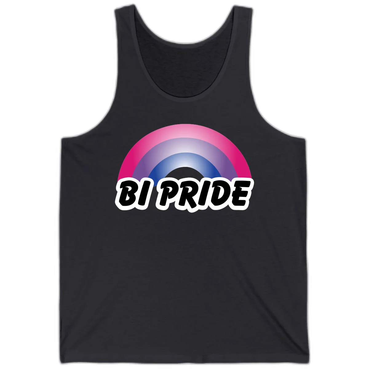 Bi pride rainbow gradient arc with concentric circles in pink, purple, and blue colors, with bold 'BI PRIDE' text below in Dark Grey