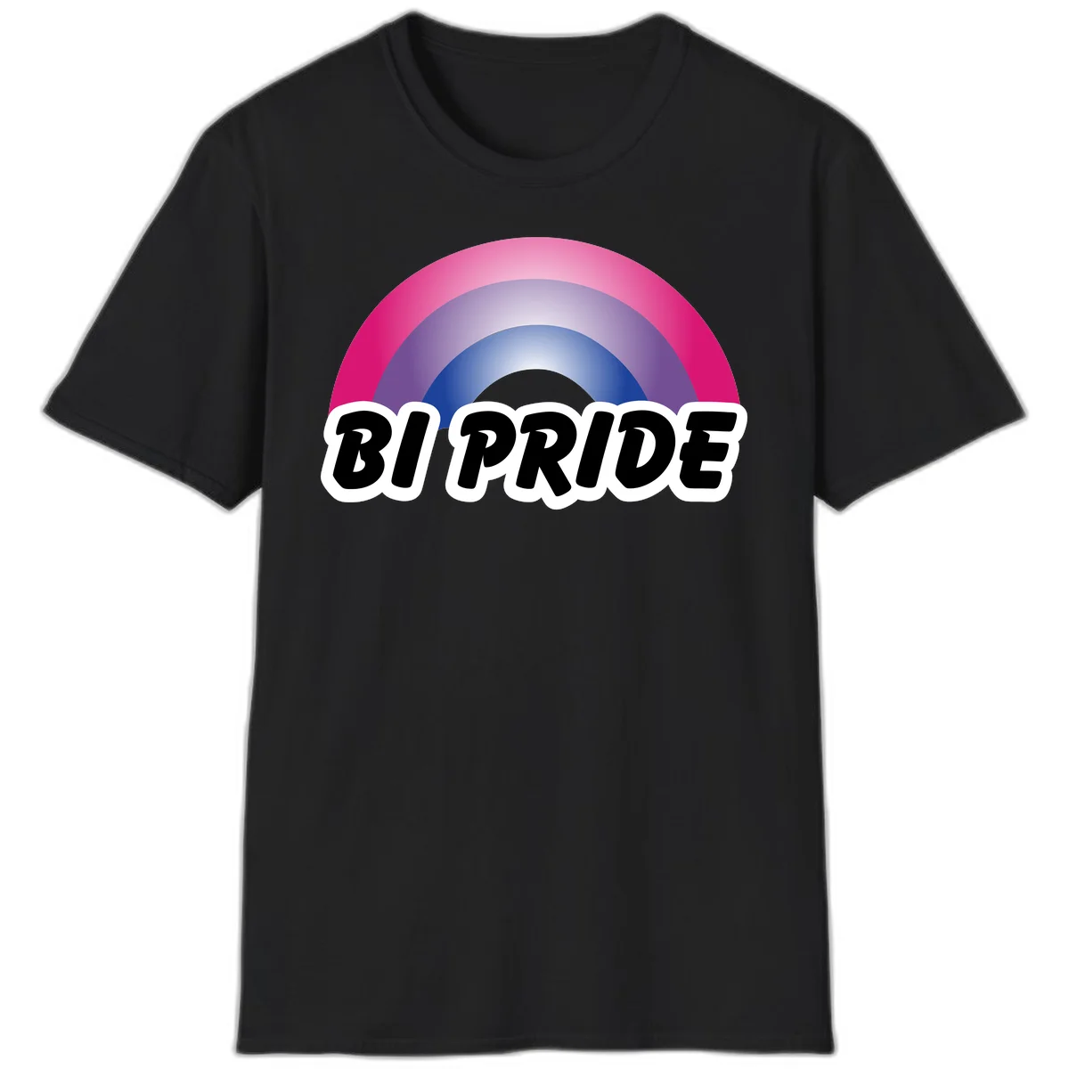 Bi pride rainbow gradient arc with concentric circles in pink, purple, and blue colors, with bold 'BI PRIDE' text below in Black