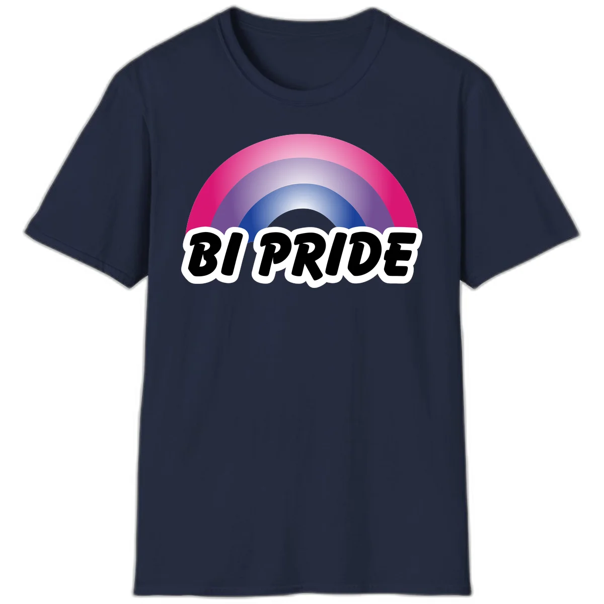 Bi pride rainbow gradient arc with concentric circles in pink, purple, and blue colors, with bold 'BI PRIDE' text below in Navy