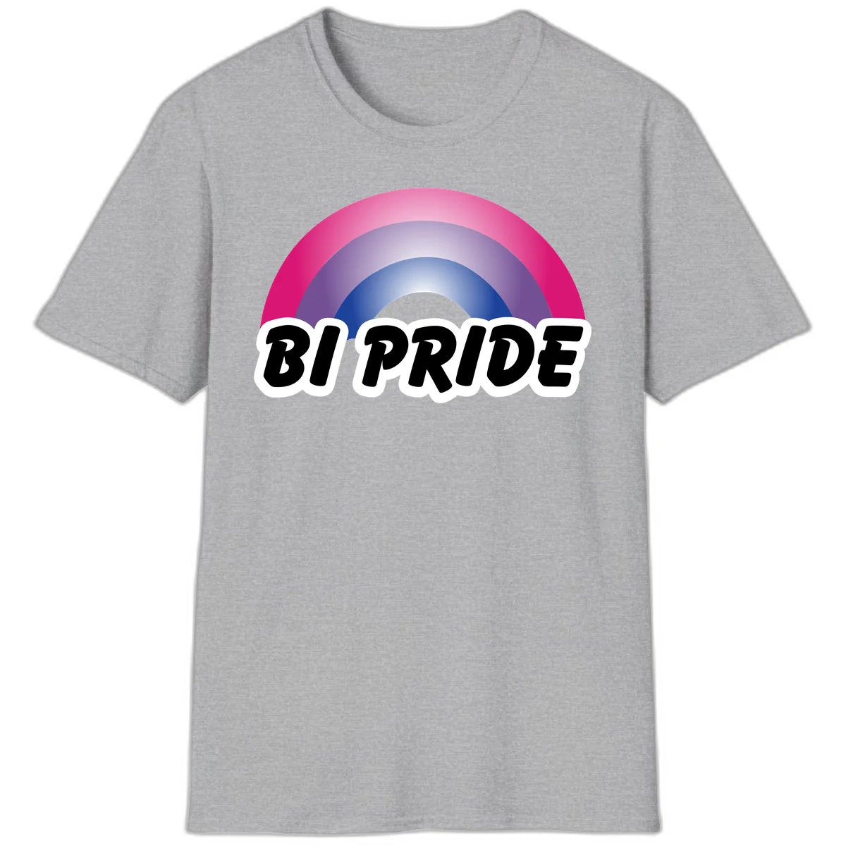 Bi pride rainbow gradient arc with concentric circles in pink, purple, and blue colors, with bold 'BI PRIDE' text below in Sport Grey