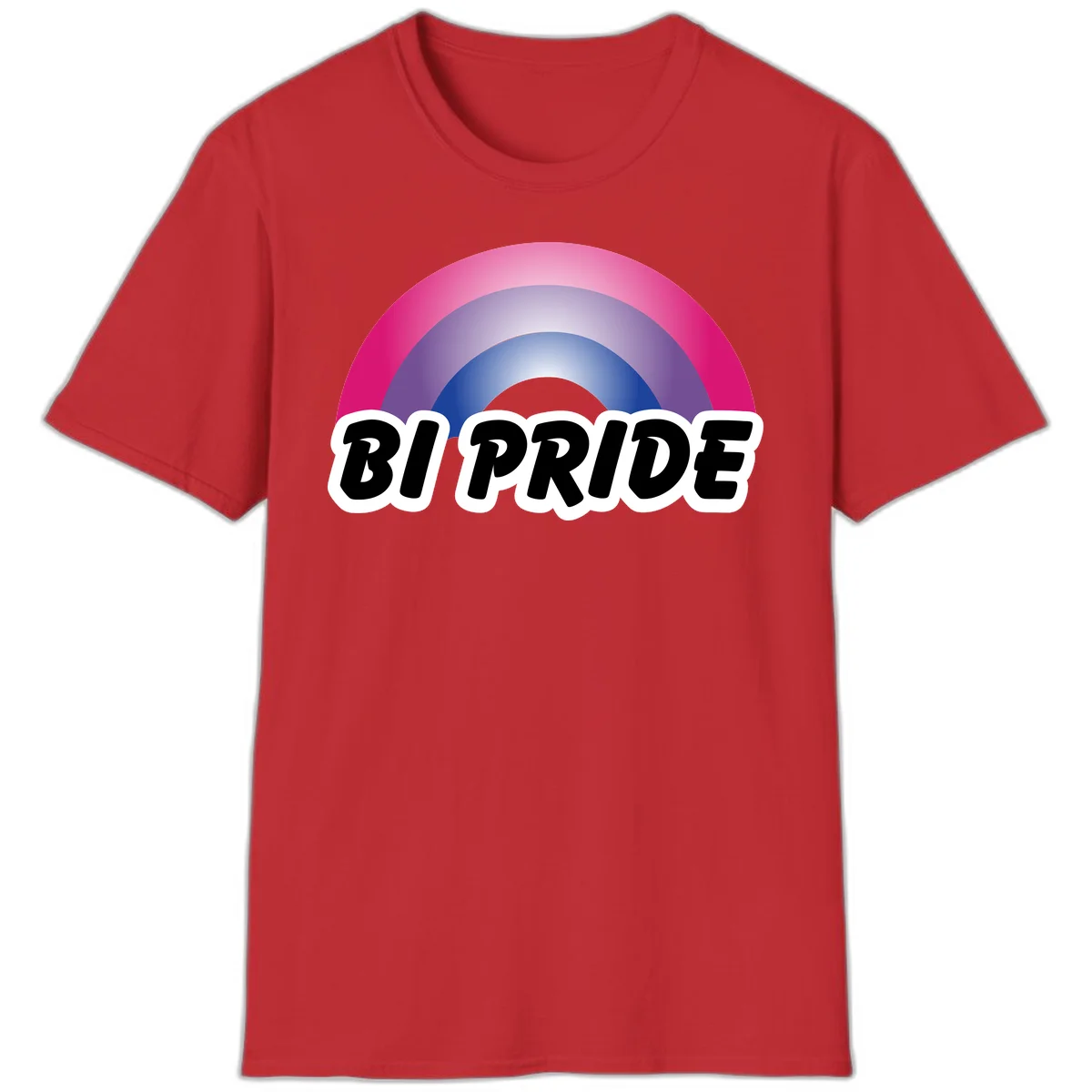 Bi pride rainbow gradient arc with concentric circles in pink, purple, and blue colors, with bold 'BI PRIDE' text below in Red