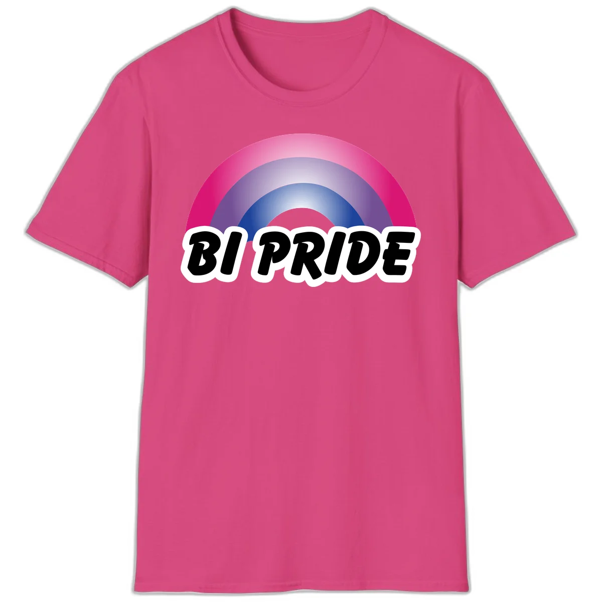 Bi pride rainbow gradient arc with concentric circles in pink, purple, and blue colors, with bold 'BI PRIDE' text below in Heliconia