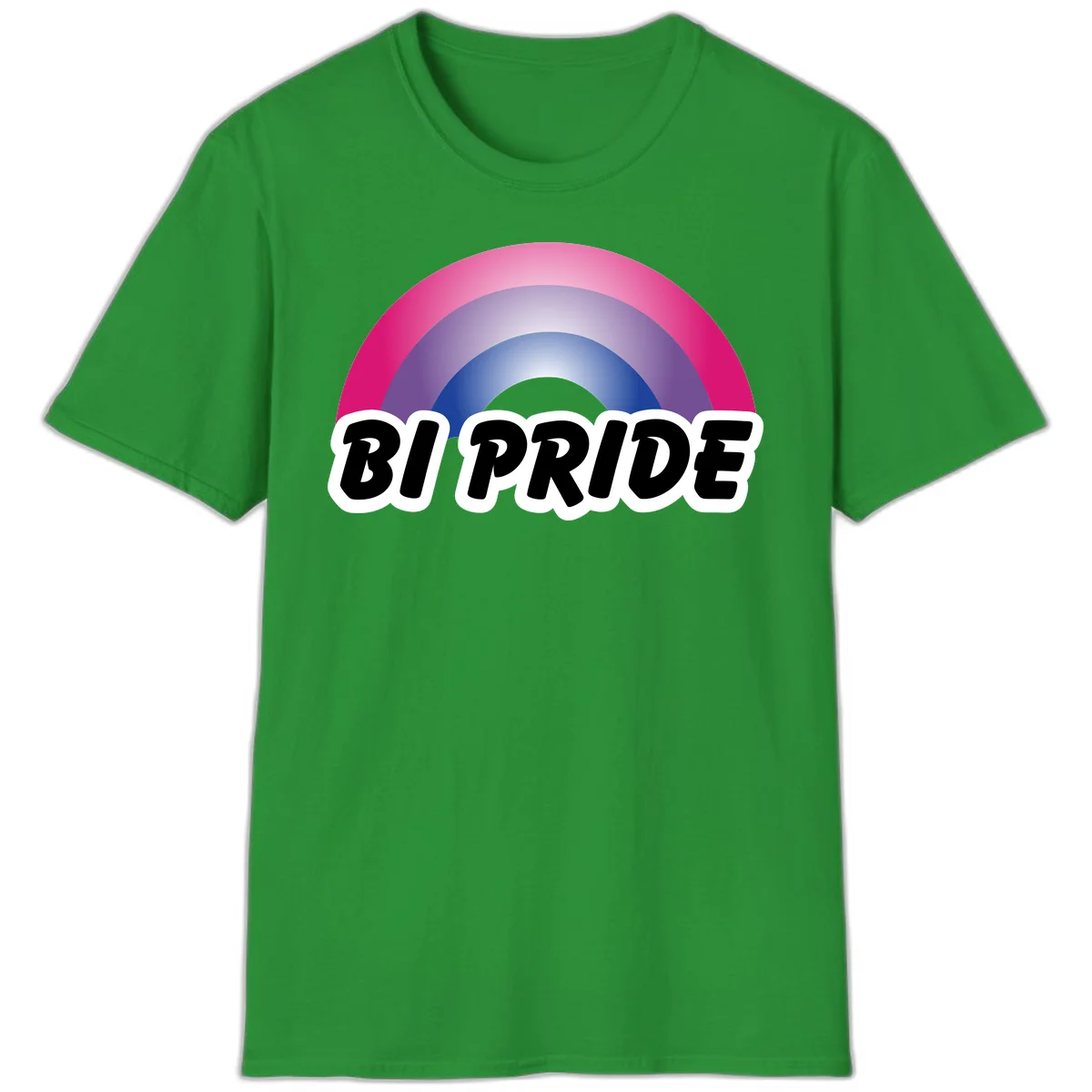 Bi pride rainbow gradient arc with concentric circles in pink, purple, and blue colors, with bold 'BI PRIDE' text below in Irish Green