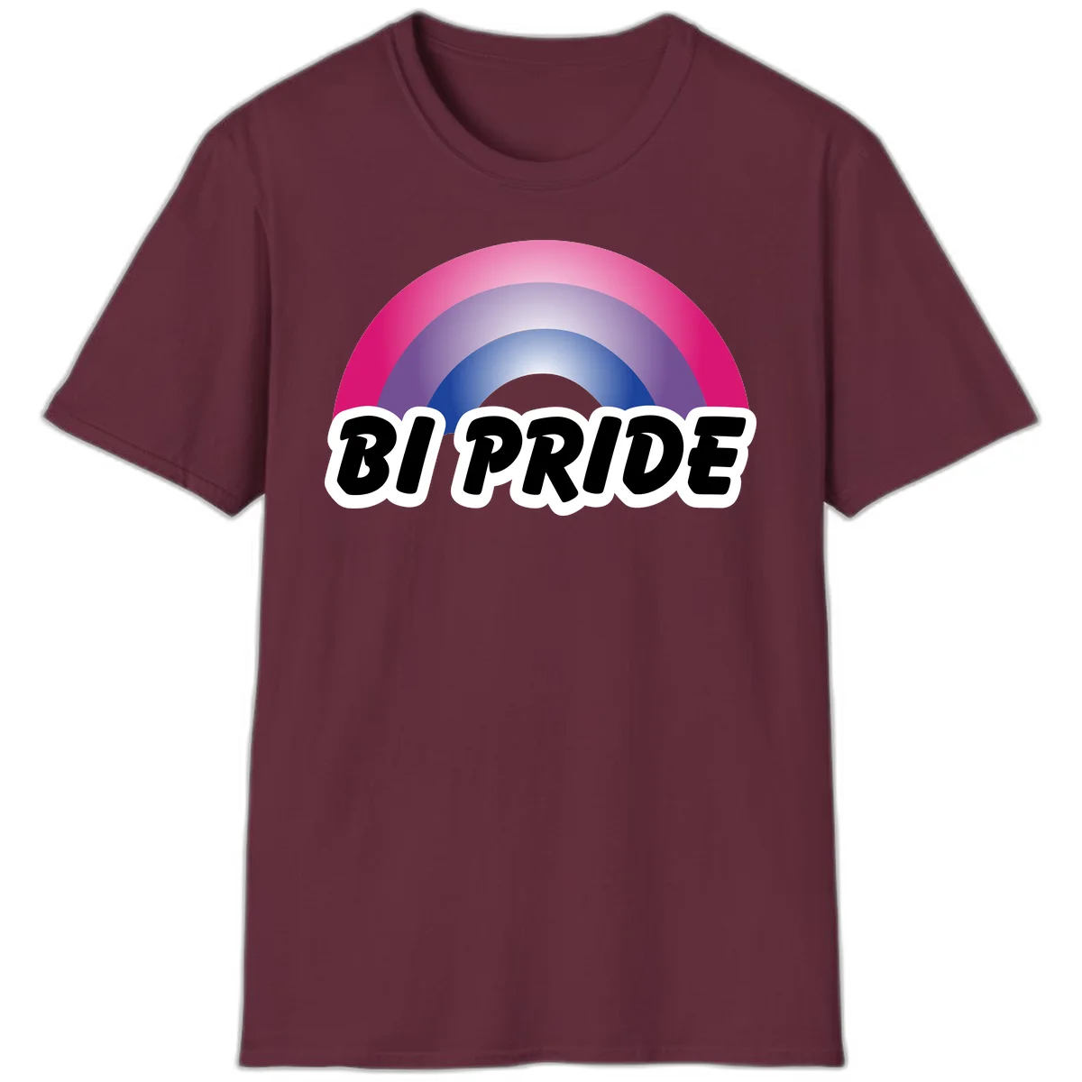 Bi pride rainbow gradient arc with concentric circles in pink, purple, and blue colors, with bold 'BI PRIDE' text below in Maroon