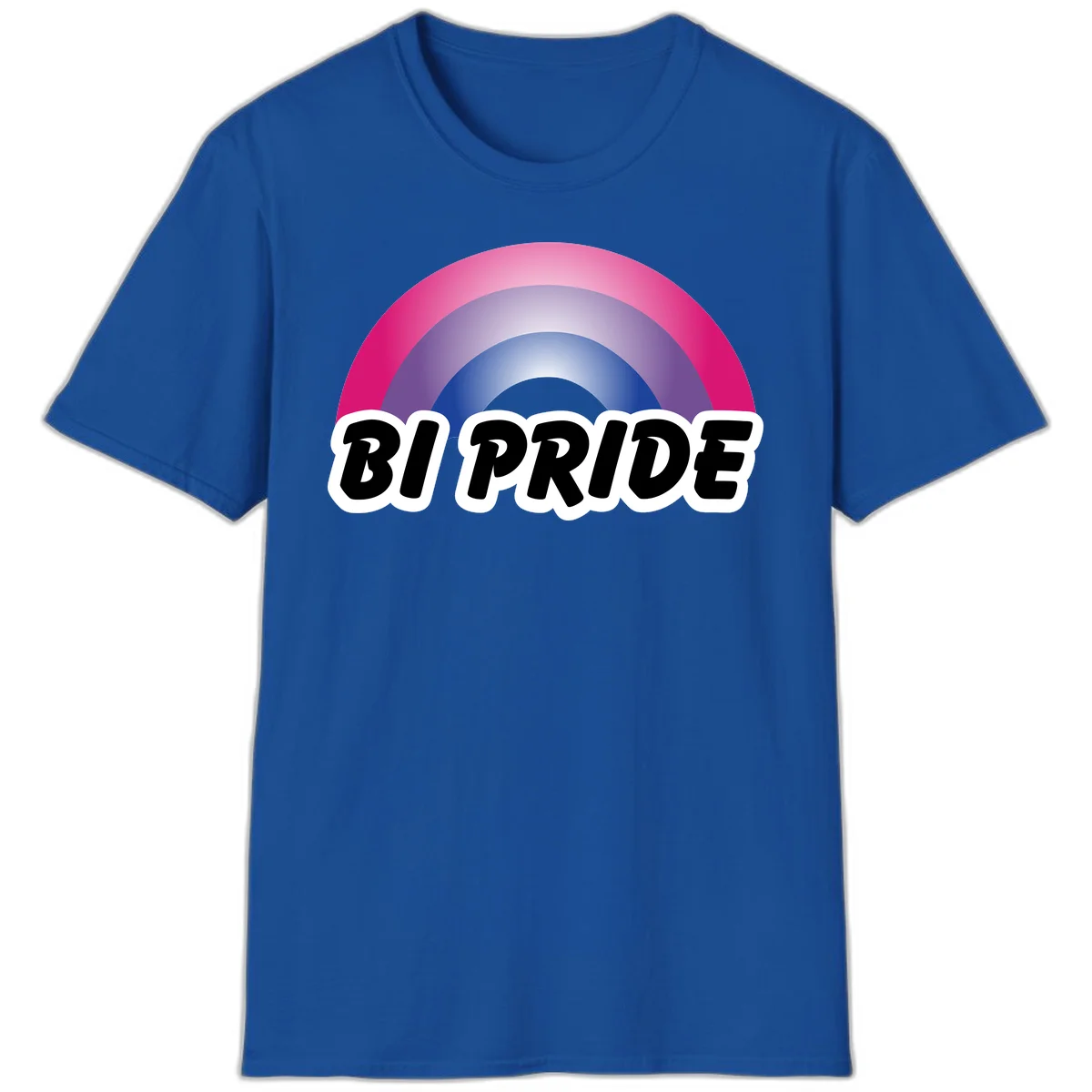 Bi pride rainbow gradient arc with concentric circles in pink, purple, and blue colors, with bold 'BI PRIDE' text below in Royal