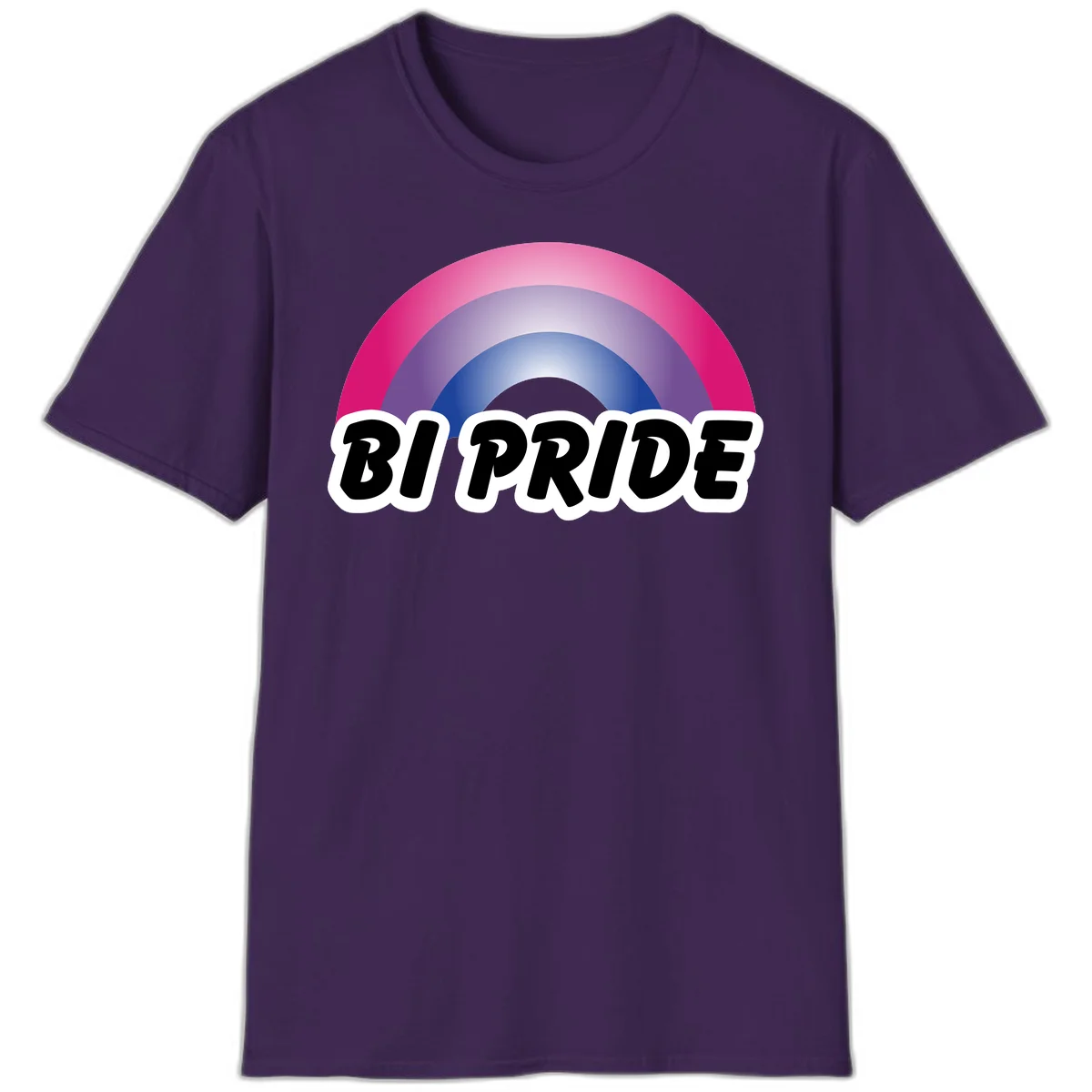 Bi pride rainbow gradient arc with concentric circles in pink, purple, and blue colors, with bold 'BI PRIDE' text below in Purple