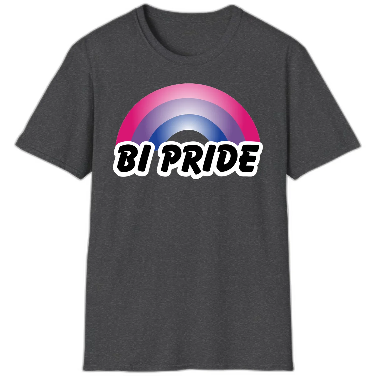 Bi pride rainbow gradient arc with concentric circles in pink, purple, and blue colors, with bold 'BI PRIDE' text below in Dark Heather
