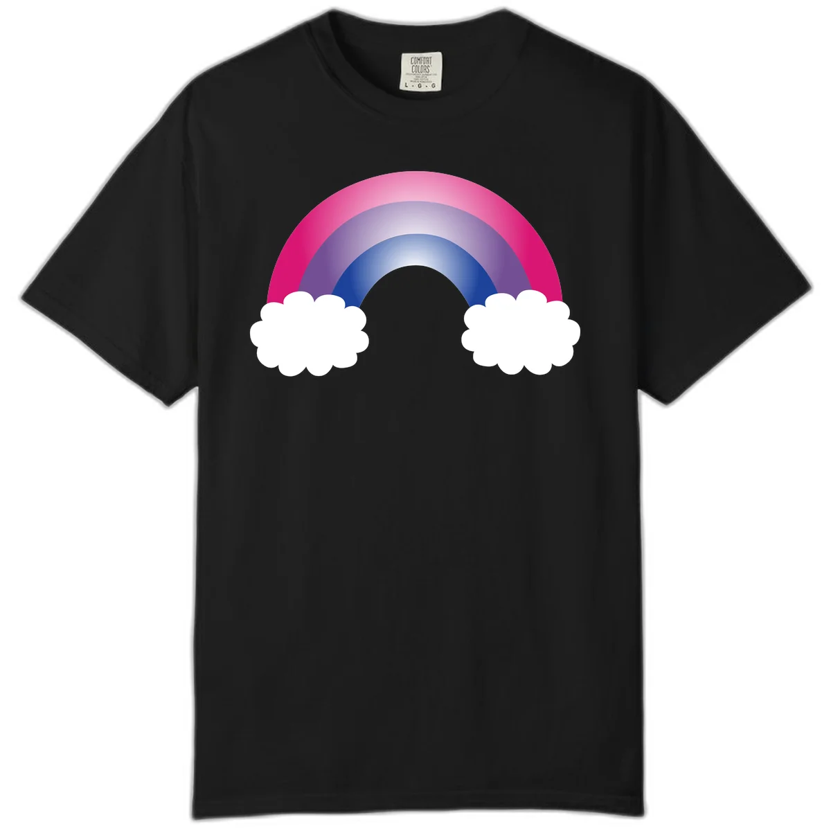 Illustration of a colorful gradient rainbow arc with pink, purple, and blue rings connecting two white fluffy clouds against a gray background in Black