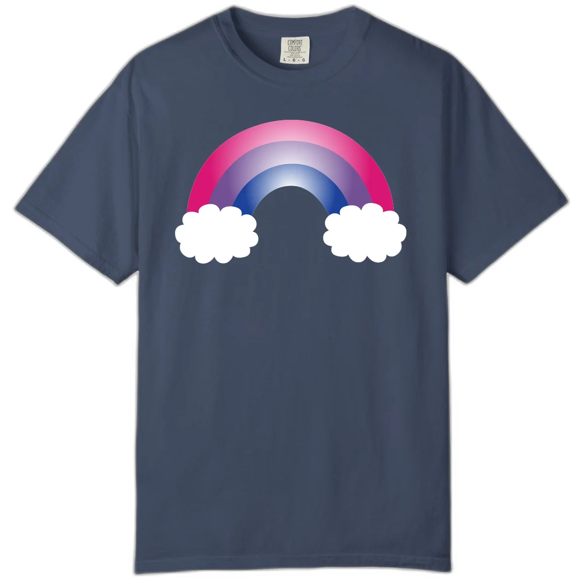 Illustration of a colorful gradient rainbow arc with pink, purple, and blue rings connecting two white fluffy clouds against a gray background in Midnight