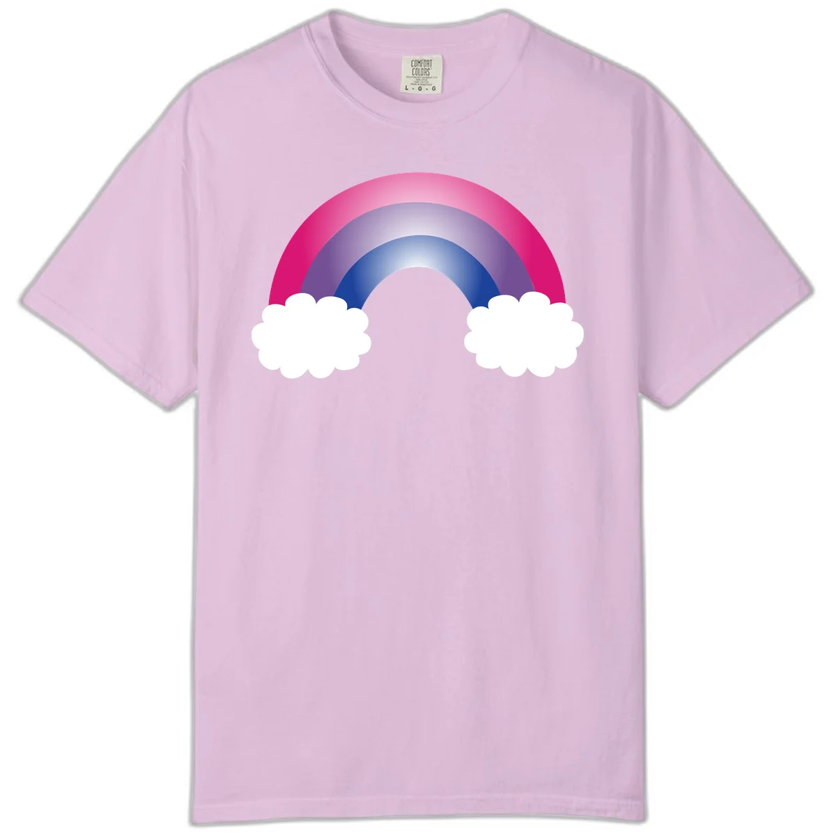 Illustration of a colorful gradient rainbow arc with pink, purple, and blue rings connecting two white fluffy clouds against a gray background in Orchid