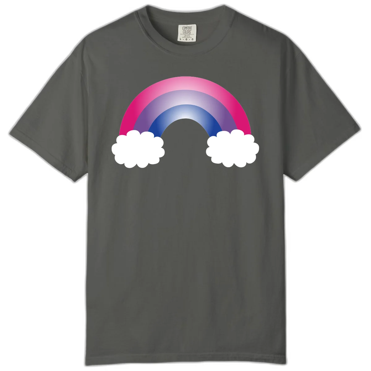 Illustration of a colorful gradient rainbow arc with pink, purple, and blue rings connecting two white fluffy clouds against a gray background in Pepper