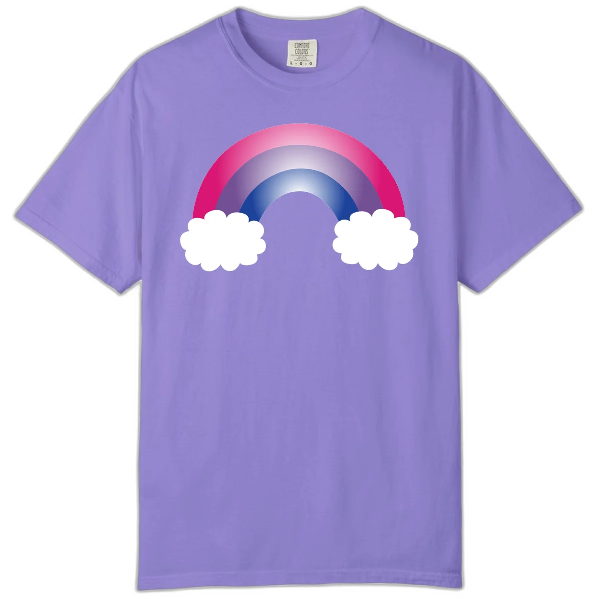 Illustration of a colorful gradient rainbow arc with pink, purple, and blue rings connecting two white fluffy clouds against a gray background in Violet