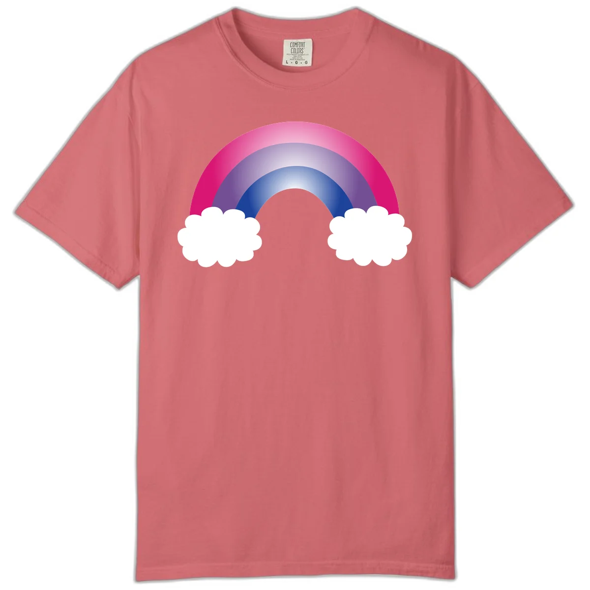 Illustration of a colorful gradient rainbow arc with pink, purple, and blue rings connecting two white fluffy clouds against a gray background in Watermelon