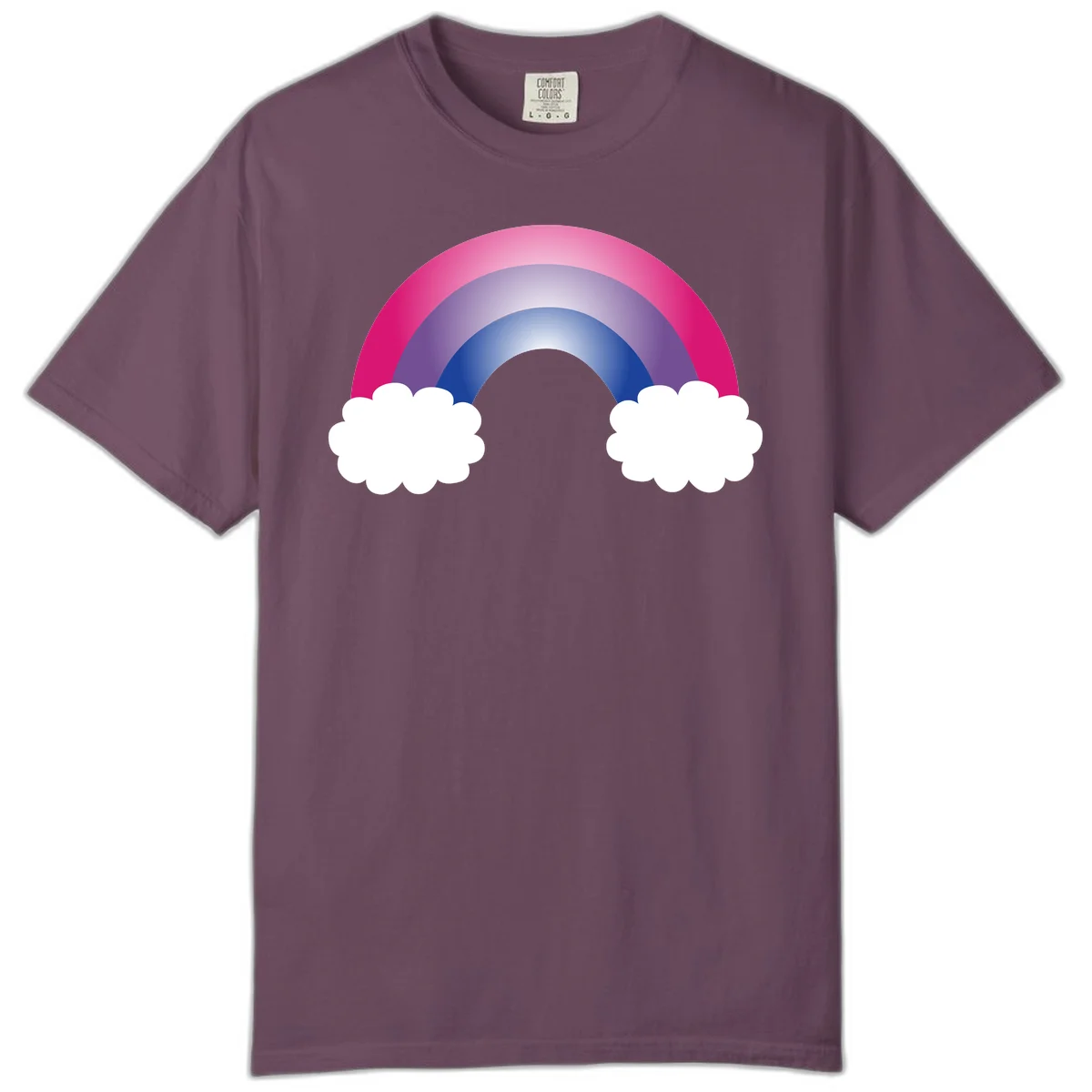 Illustration of a colorful gradient rainbow arc with pink, purple, and blue rings connecting two white fluffy clouds against a gray background in Berry