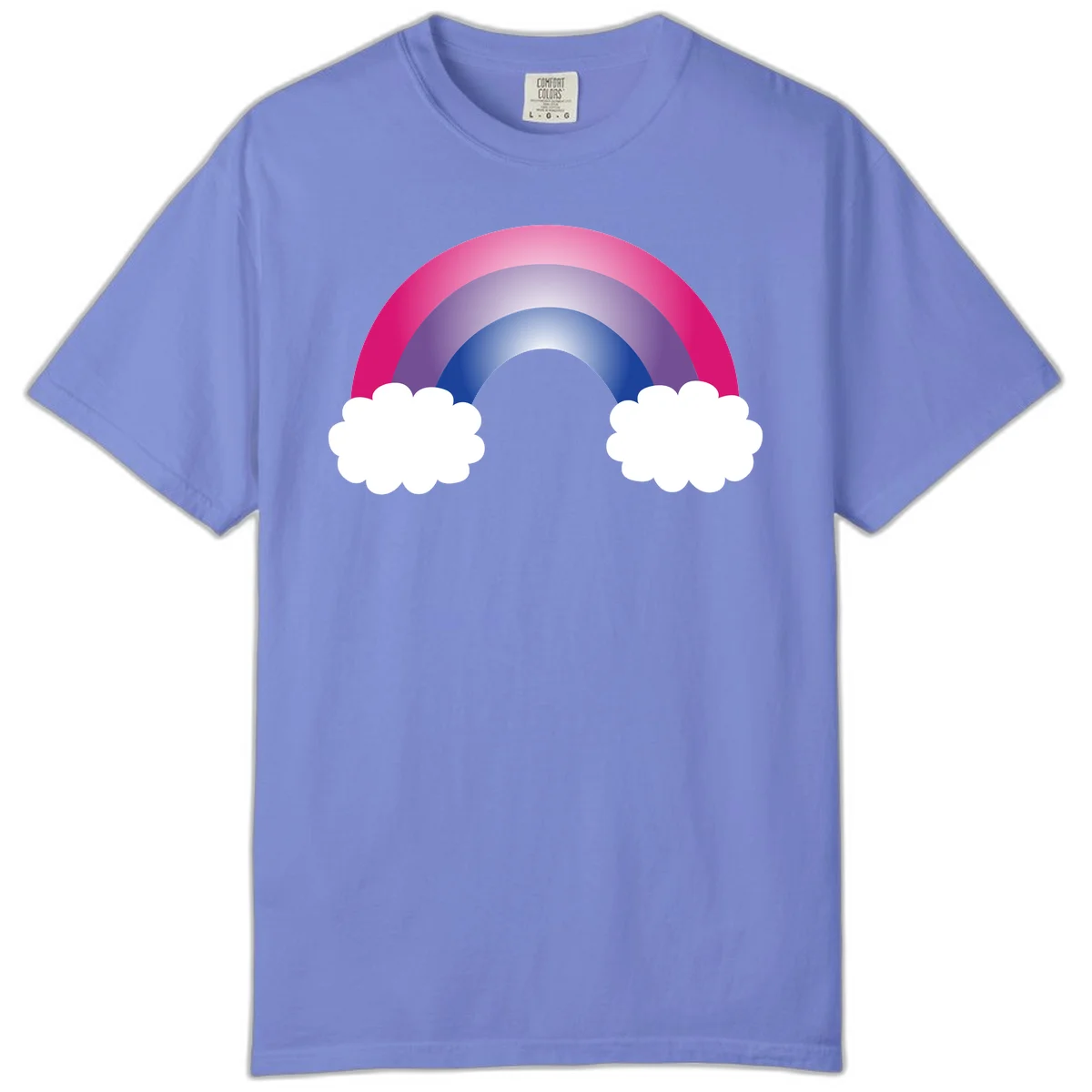 Illustration of a colorful gradient rainbow arc with pink, purple, and blue rings connecting two white fluffy clouds against a gray background in Flo Blue
