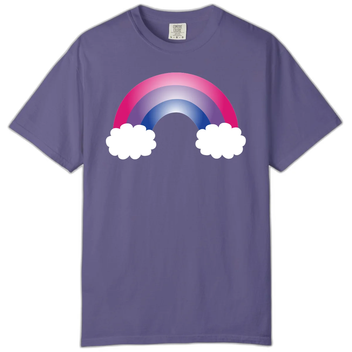 Illustration of a colorful gradient rainbow arc with pink, purple, and blue rings connecting two white fluffy clouds against a gray background in Grape