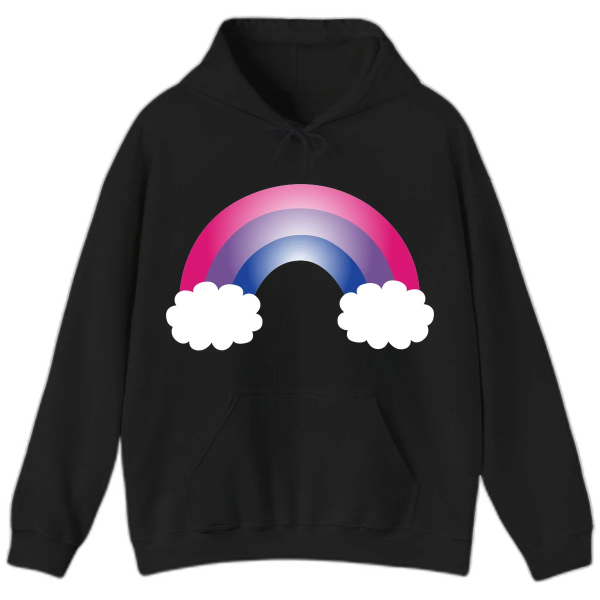 Illustration of a colorful gradient rainbow arc with pink, purple, and blue rings connecting two white fluffy clouds against a gray background in Black