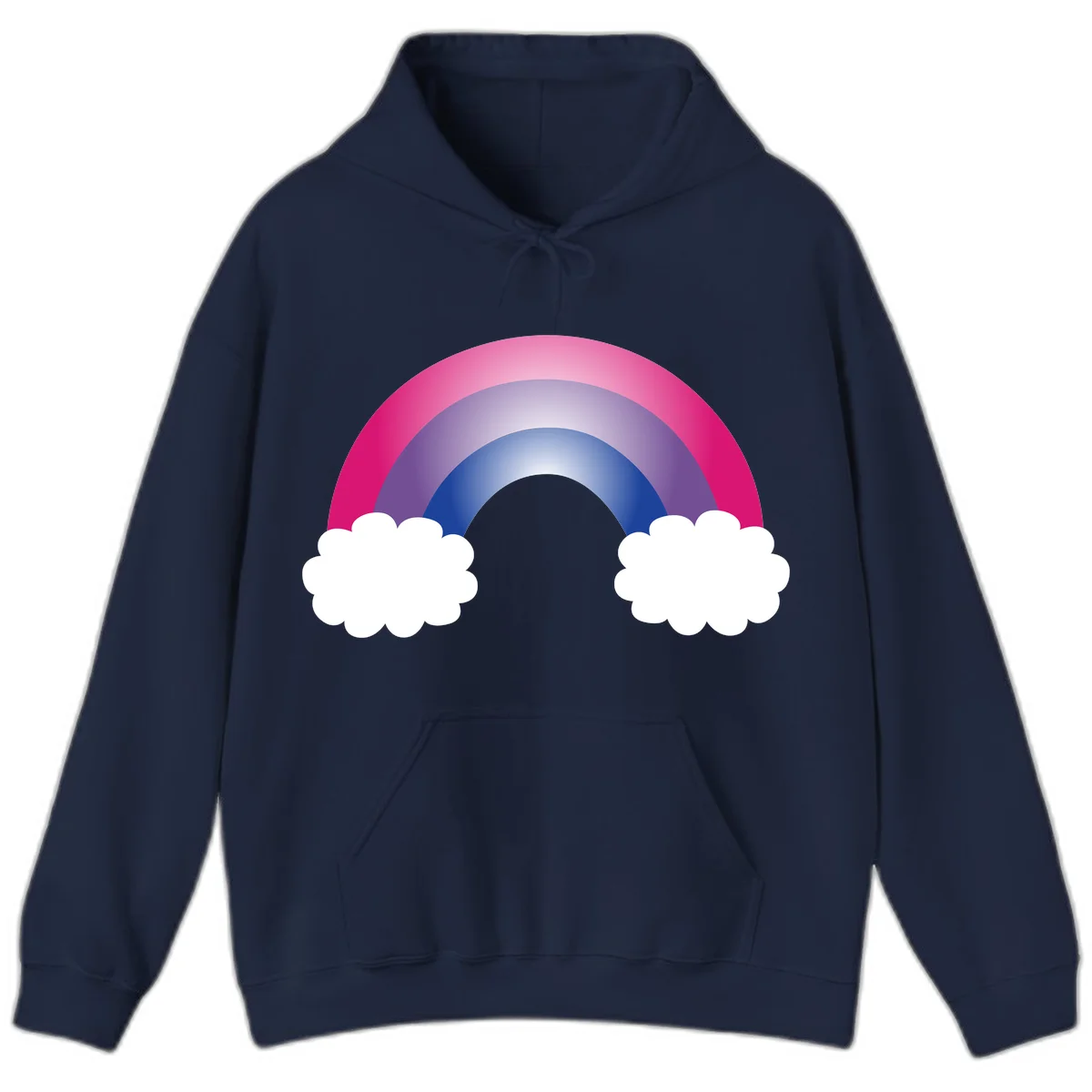 Illustration of a colorful gradient rainbow arc with pink, purple, and blue rings connecting two white fluffy clouds against a gray background in Navy