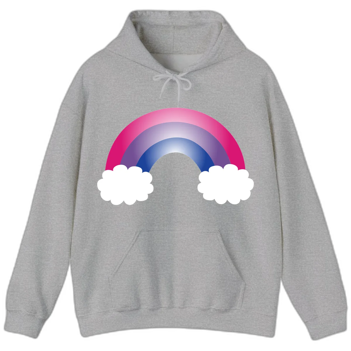 Illustration of a colorful gradient rainbow arc with pink, purple, and blue rings connecting two white fluffy clouds against a gray background in Sport Grey