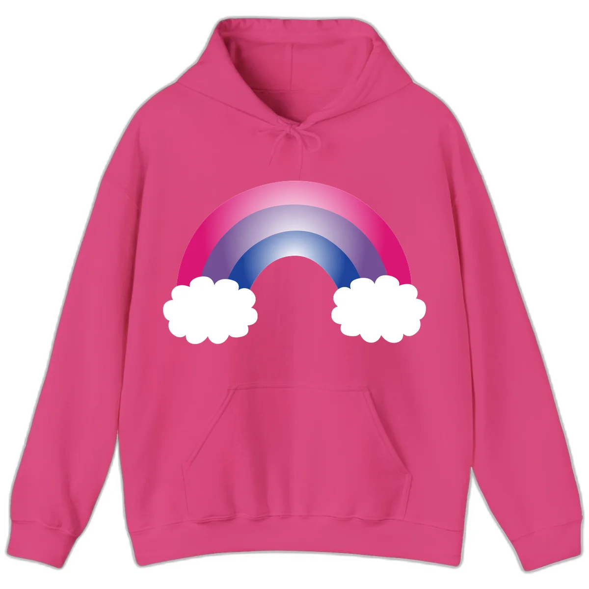 Illustration of a colorful gradient rainbow arc with pink, purple, and blue rings connecting two white fluffy clouds against a gray background in Heliconia