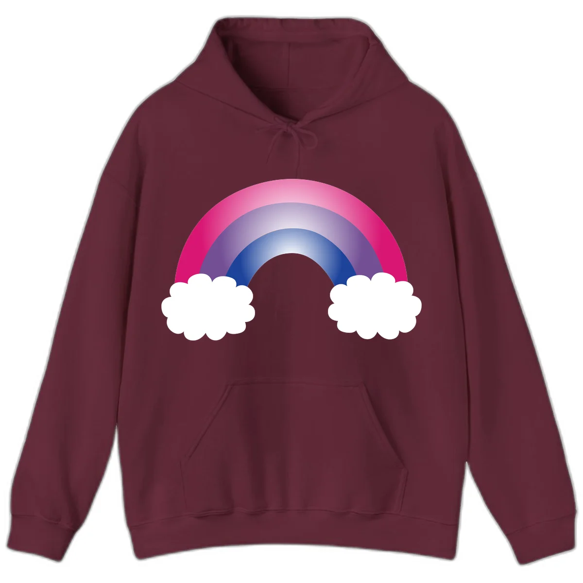Illustration of a colorful gradient rainbow arc with pink, purple, and blue rings connecting two white fluffy clouds against a gray background in Maroon