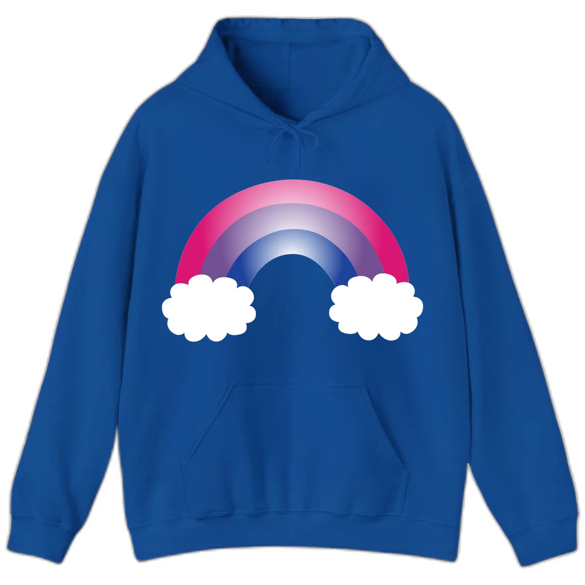 Illustration of a colorful gradient rainbow arc with pink, purple, and blue rings connecting two white fluffy clouds against a gray background in Royal