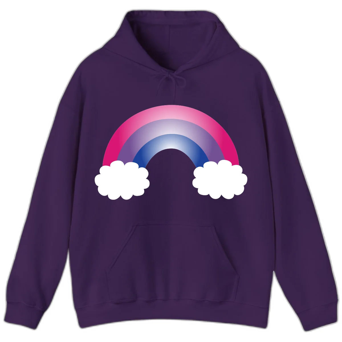 Illustration of a colorful gradient rainbow arc with pink, purple, and blue rings connecting two white fluffy clouds against a gray background in Purple