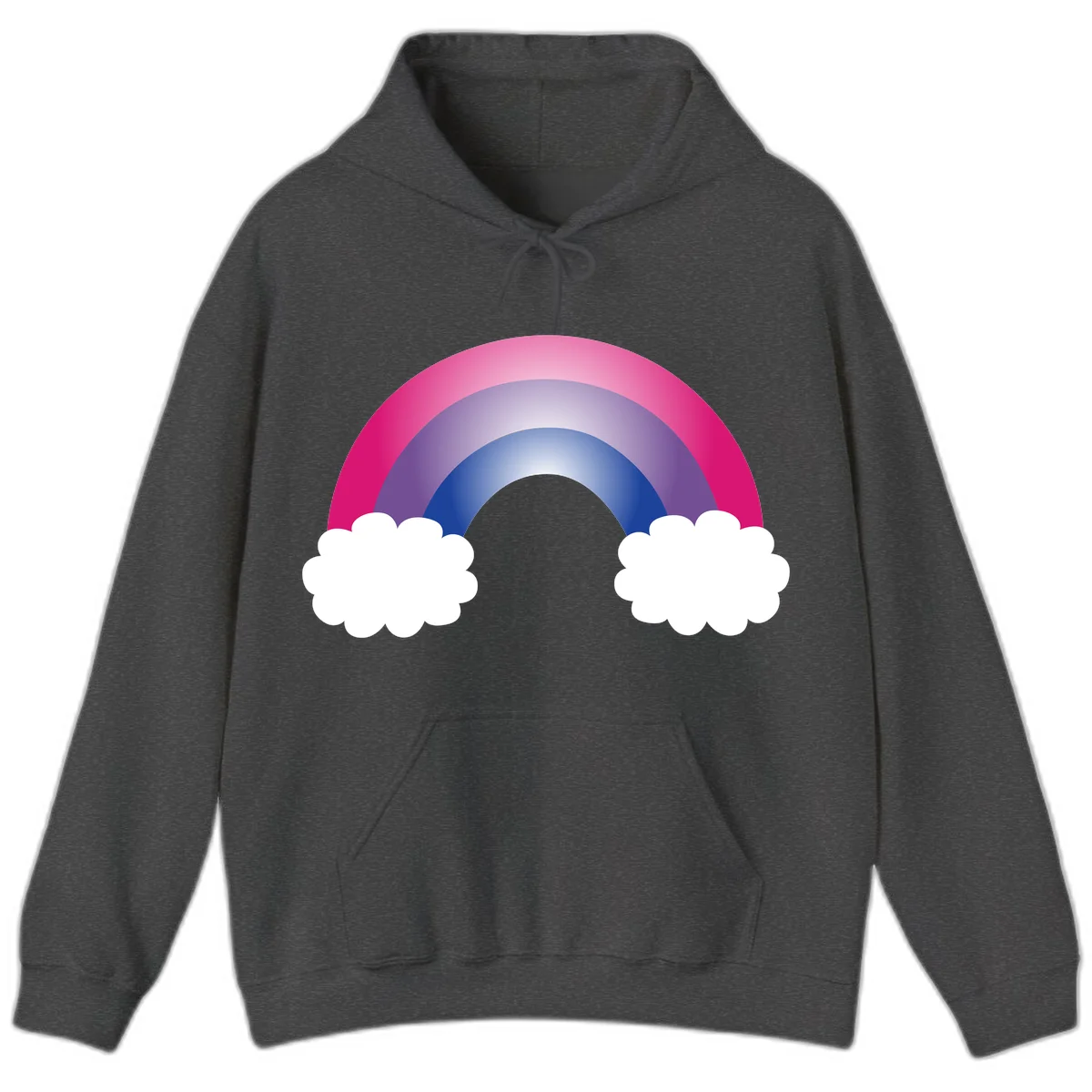 Illustration of a colorful gradient rainbow arc with pink, purple, and blue rings connecting two white fluffy clouds against a gray background in Dark Heather