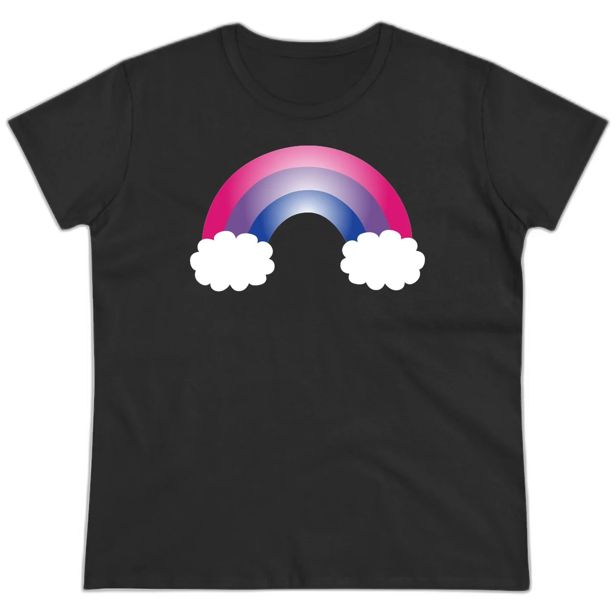 Illustration of a colorful gradient rainbow arc with pink, purple, and blue rings connecting two white fluffy clouds against a gray background in Black
