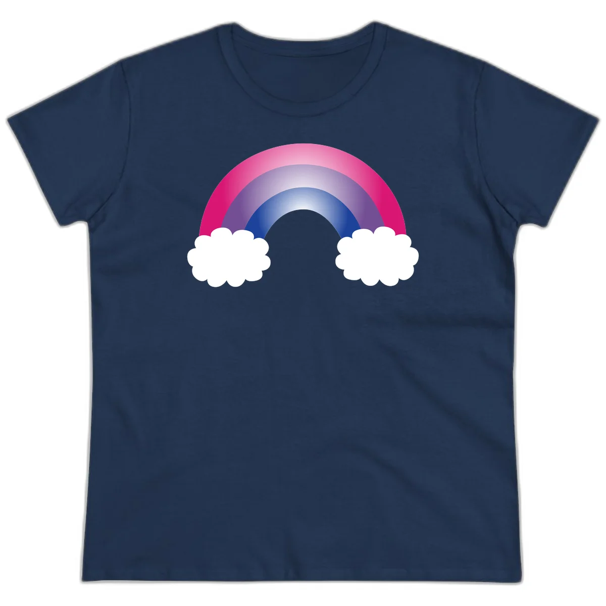 Illustration of a colorful gradient rainbow arc with pink, purple, and blue rings connecting two white fluffy clouds against a gray background in Navy