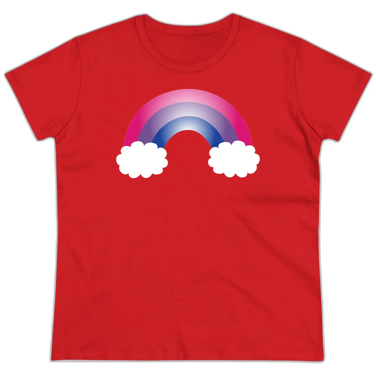 Illustration of a colorful gradient rainbow arc with pink, purple, and blue rings connecting two white fluffy clouds against a gray background in Red